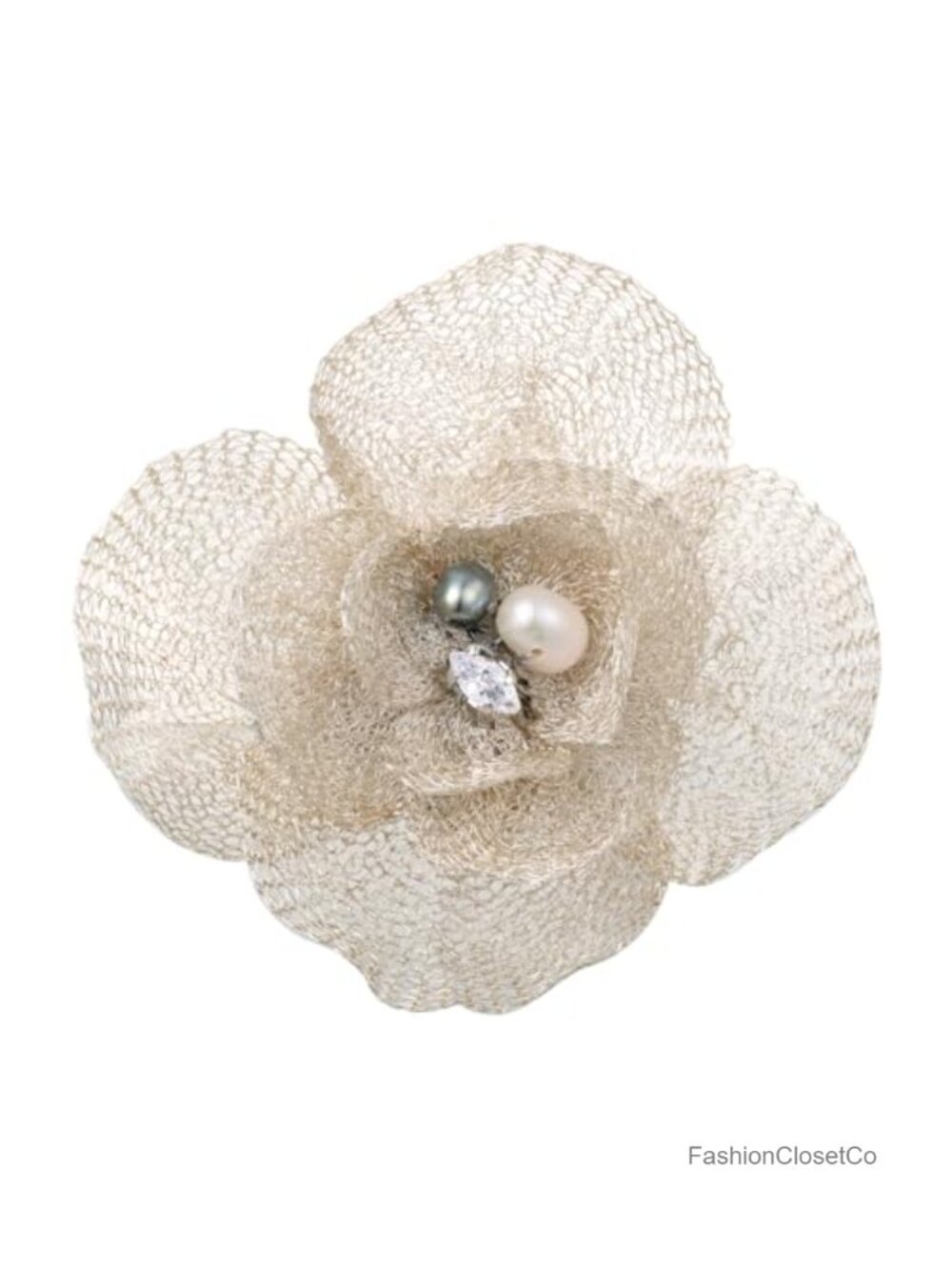 Handmade Copper Floral Brooch with Baroque Pearl & Cubic Zirconia Pin